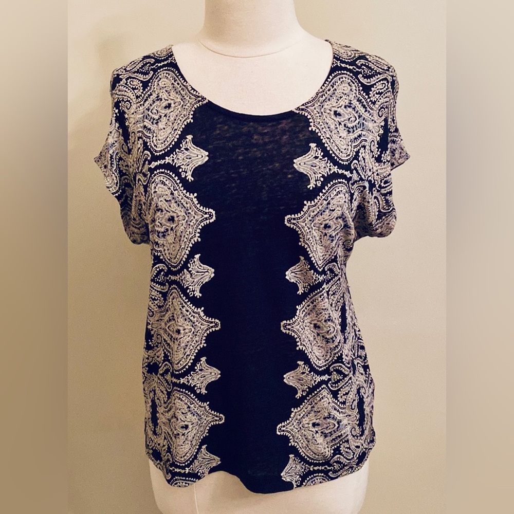 J. Crew Navy Blue Grey Paisley Print XS Coastal Boho Chic Folk Retro Burnout Top